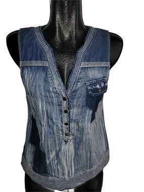 Marie Claire Distressed Blue Denim Look Sleeveless V Neck Top Size S